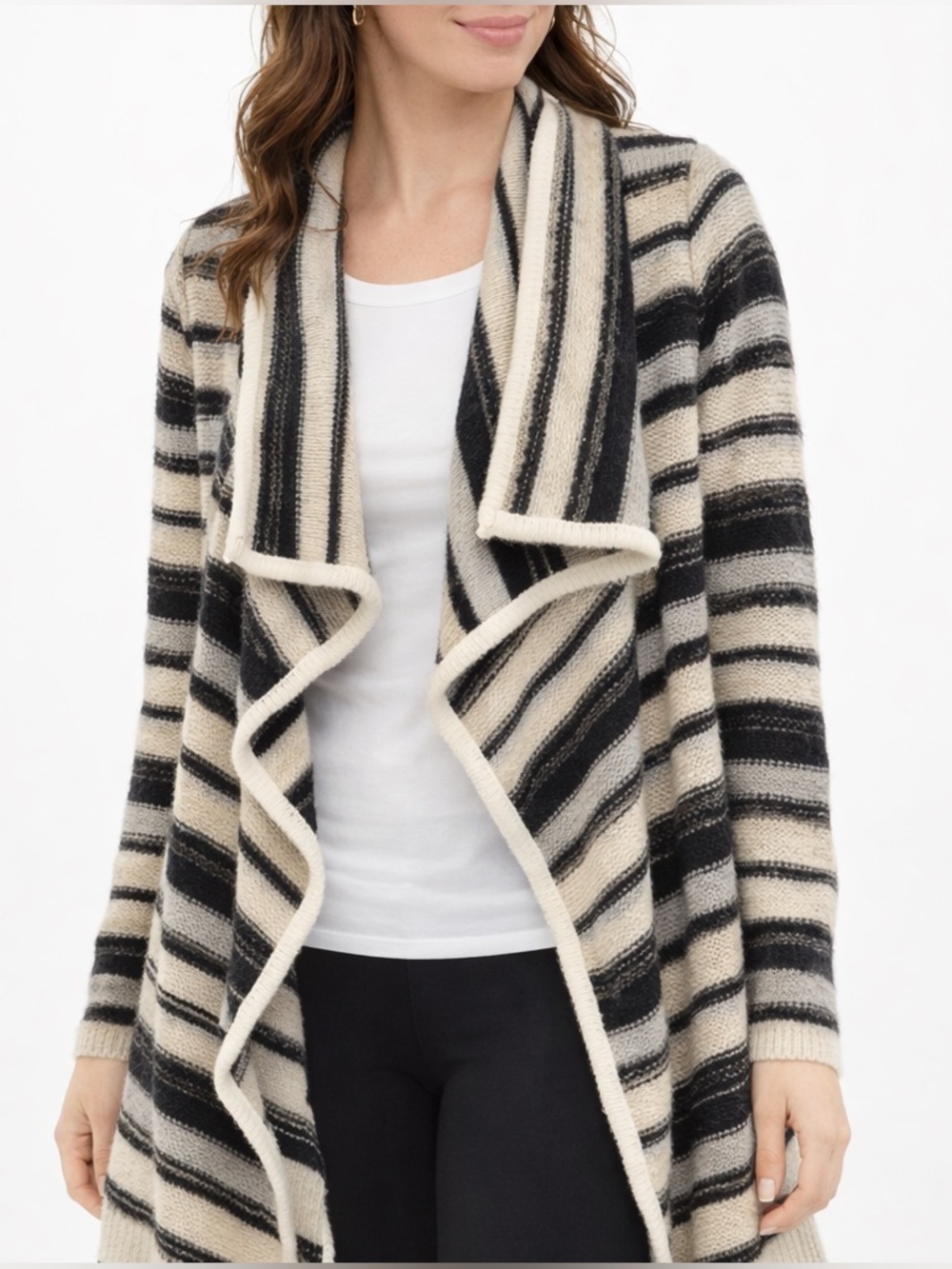 267 Kensie Striped Drape Cardigan XS S Black Cream Open Front Waterfall Cozy